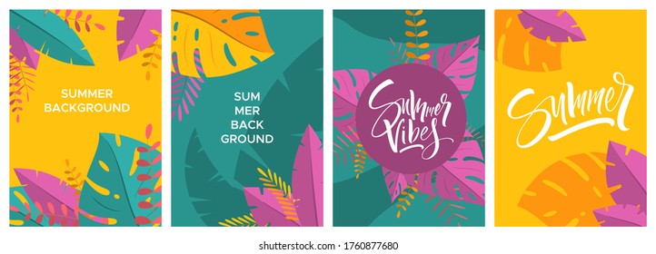 Set of abstract summer background with palm leaves and space for text. Template for social media stories design, banner, greeting card, poster and advertising. Vector illustration