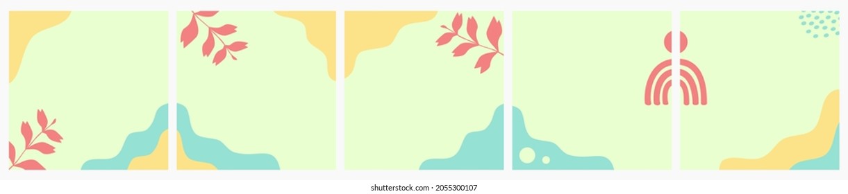 Set of Abstract Summer Background for Social Media Post, ad, Sale, Banner, Microblog, Carousel, Template, Card. Summer Background with Leaves and Abstract Shape.