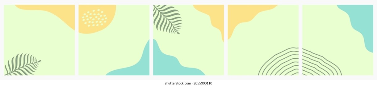 Set of Abstract Summer Background for Social Media Post, ad, Sale, Banner, Microblog, Carousel, Template, Card. Summer Background with Leaves and Abstract Shape.