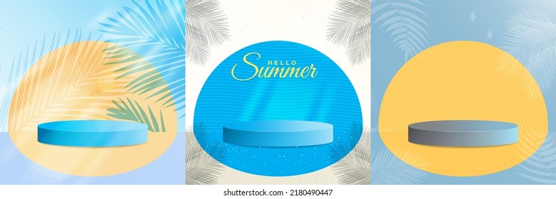 Set of Abstract Summer Background Studios with 3d rendered podiums and tropical elements. Cute. bright, and pastel colors. Tropical background collection. EPS 10. Vector Illustration. Editable.