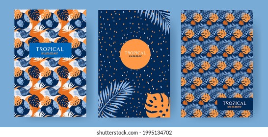 Set of abstract Summer backgrounds with copy space for text, tropical leaves and plants in orange yellow and deep blue colors. Modern design templates for sale, posters, covers, cards, social media