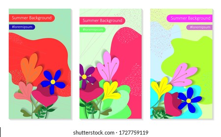 Set of abstract summer backgrounds for social media stories. Colorful banners with summer flowers. Use for event invitation, discount voucher, advertising, screensaver. Vector illustration.