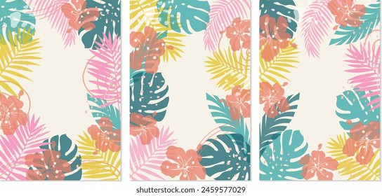 Set of abstract summer backgrounds with tropical leaves and flowers with overlay effect.Cover for web banner, social media banner template, postcards, invitations.Summer vacation concept.Beach theme.