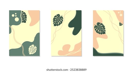Set von abstrakten Sommer-Hintergründen mit tropischen Blättern und Blumen. Cover für Web-Banner, Social Media Banner-Vorlage, Postkarte, Einladung. Sommerferienkonzept. Naturthema