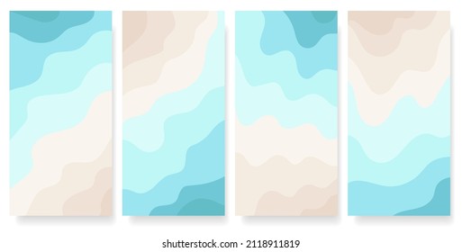 Set of abstract summer beach background covers. Blue sea with waves and coastline. Vacation design illustrations. Vector eps 10