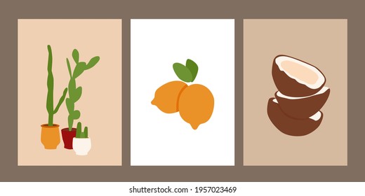 Set of abstract summer beach postcard. Collection of trendy plant and fruits posters. Modern vector illustration isolated on white background. 