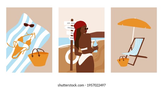 Set of abstract summer beach postcards. Collection of trendy colorful posters. Modern vector illustration isolated on white background. 