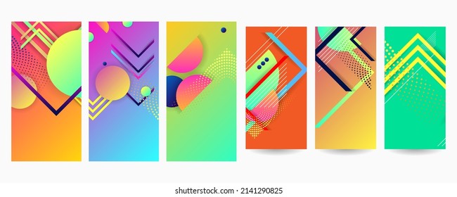 Set Abstract Summer bright disco party festive Bauhaus geometric pattern background, vector lines color art design. Colorful pattern background