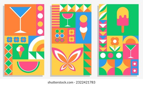 Set of abstract summer poster, card with simple geometric shapes. Colorful cocktail party invitation, summer background, cover.