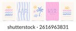 Set of abstract summer poster in doodle naive style. Modern prints with hand drawn palm tree, sun, sea, wave, seashells. Vacation and beach concept. Trendy design for cards, wall art, branding.