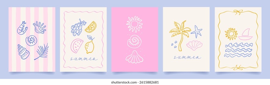 Set of abstract summer poster in sketch doodle style. Modern prints with hand drawn palm tree, sun, boat, fruit, seashells. Vacation and beach concept. Trendy design for cards, wall art, branding.