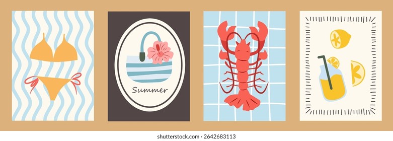Set of abstract summer poster in sketch doodle style. Modern prints with hand drawn lemon, lobster, bikini, flower. Creative vacation, beach concept. Trendy flat design for cards, wall art, branding.