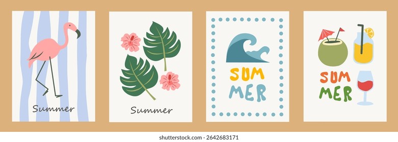 Conjunto de pôster de verão abstrato em estilo de esboço. Impressões modernas com folha desenhada à mão, flamingo, bebida e onda. Férias criativas, conceito de praia. Design plano moderno para cartões, arte de parede, branding.