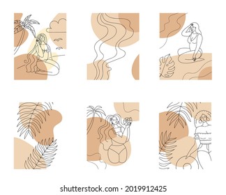 Conjunto de afiches abstractos de verano. Fondo de playa, mujeres y palmeras al fondo de lugares abstractos. ilustración de esquema