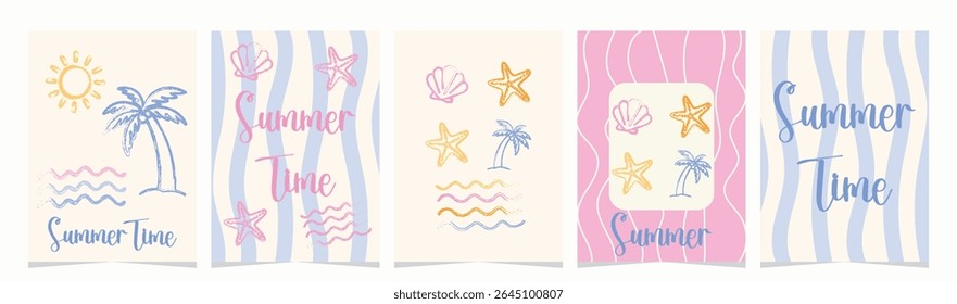 Set of Abstract Summer Posters in Naive Doodle Style Featuring Palm Tree, Sun, Seashells, Starfish, Ocean Waves and Summer Typography for Beach Vacation and Holiday Themes
