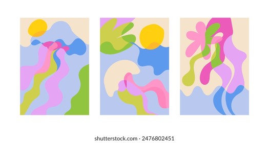 Set of abstract summer posters in overlay style. Vector flat illustration of various organic shapes. Tropical exotic creative design