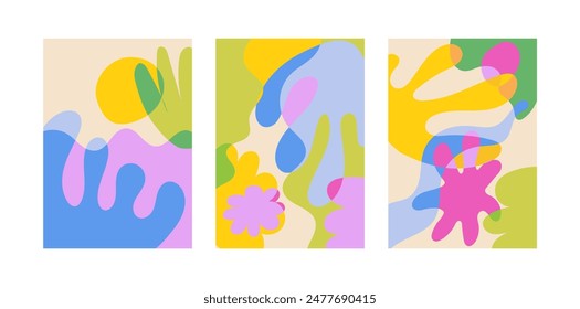 Set von abstrakten Sommerplakaten im Overlay-Stil. Vektorgrafik flache Abbildung von verschiedenen organischen Formen. Tropisches exotisches kreatives Design