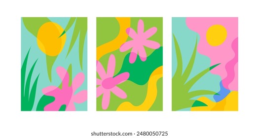 Set of abstract summer posters in overlay style. Vector flat illustration of various flowers, leaves and grass. Tropical exotic creative design	