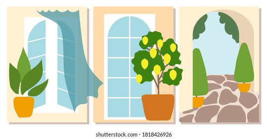 Set of abstract summer posters for room, minimalistic design. Italian mood, windows, lemon tree, boxtree, archway. Vector illustration for interior prints, wall art, greeting cards