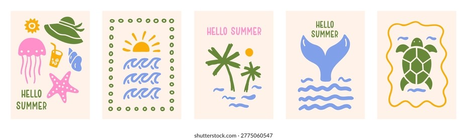 Set of abstract summer posters. Simple hand drawn marine elements palm tree, sun, sea, waves. Trendy doodle design for cards, wall art, branding. Vector illustration