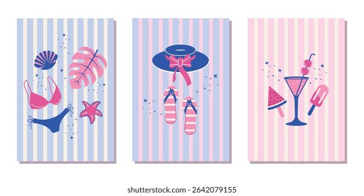A set of abstract summer posters in vintage style. Modern prints with painted cocktail, ice cream, hat, shells and tropical leaves. The concept of recreation and the beach. Vector design.