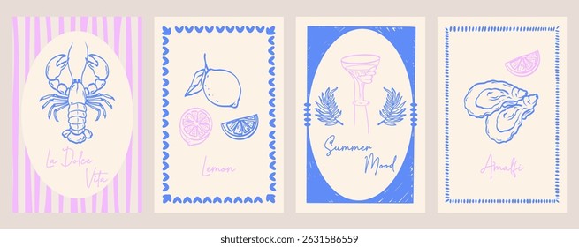 Set of abstract summer vintage posters. Hand drawn lemons, lobster, oysters, glass. Italian vibe of postage stamps. Vector illustration ink doodle sketch.
