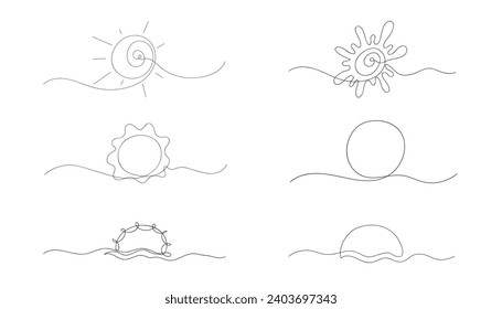 Set of abstract sun drawn by one line. Sketch. Continuous line drawing art. Creative vector illustration.