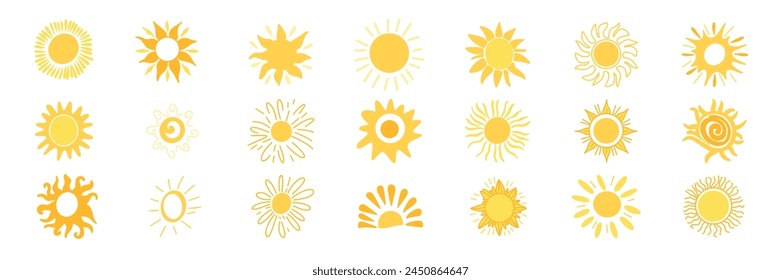 Set abstract sun in flat style. Hand drawn vector art.
