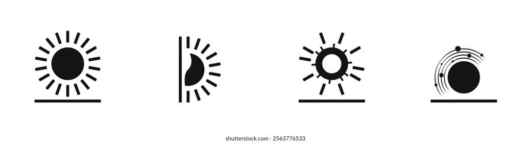 Set of abstract sun icons. Black sun icon. Solar energy logo vector. Collection of futuristic sun rays icons isolated on white background. Alternative energy sun vector.