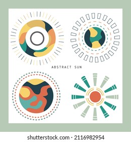 Set of abstract sun. Illustration of pagan sun. Boho child design. Perfect for postcards, kid's print, poster, nursery decoration, textile, fabric. 