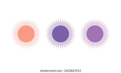 Conjunto de ilustrações abstratas do vetor do distintivo do sunburst em laranja pastel, roxo e rosa. Rótulos redondos geométricos modernos perfeitos para ícones, logotipos, fundos, impressões, web, design digital.