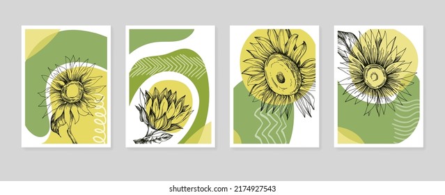 Set of Abstract Sunflower Hand Painted Illustrations for Wall Decoration, minimalist flower in sketch style. Postcard, Social Media Banner, Brochure Cover Design Background. Modern Abstract Painting 