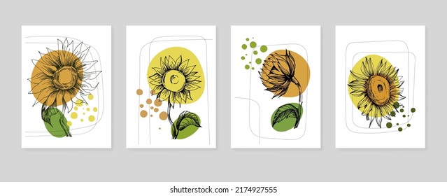 Set of Abstract Sunflower Hand Painted Illustrations for Wall Decoration, minimalist flower in sketch style. Postcard, Social Media Banner, Brochure Cover Design Background. Modern Abstract Painting 