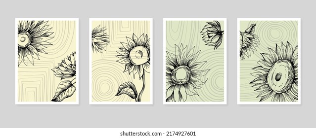 Set of Abstract Sunflower Hand Painted Illustrations for Wall Decoration, minimalist flower in sketch style. Postcard, Social Media Banner, Brochure Cover Design Background. Modern Abstract Painting 