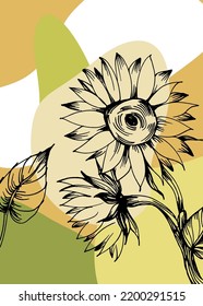 Set of Abstract Sunflower Hand Painted Illustrations for Wall Decoration, minimalist flower in sketch style. Postcard, Social Media Banner, Brochure Cover Design Background. Modern Abstract Painting.