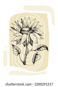 Set of Abstract Sunflower Hand Painted Illustrations for Wall Decoration, minimalist flower in sketch style. Postcard, Social Media Banner, Brochure Cover Design Background. Modern Abstract Painting.