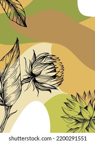 Set of Abstract Sunflower Hand Painted Illustrations for Wall Decoration, minimalist flower in sketch style. Postcard, Social Media Banner, Brochure Cover Design Background. Modern Abstract Painting.
