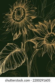 Set of Abstract Sunflower Hand Painted Illustrations for Wall Decoration, minimalist flower in sketch style. Postcard, Social Media Banner, Brochure Cover Design Background. Modern Abstract Painting.