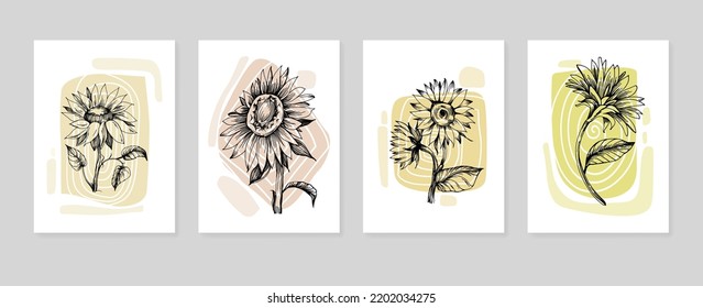 Set of Abstract Sunflower Hand Painted Illustrations for Wall Decoration, minimalist flower in sketch style. Postcard, Social Media Banner, Brochure Cover Design Background. Modern Abstract Painting.