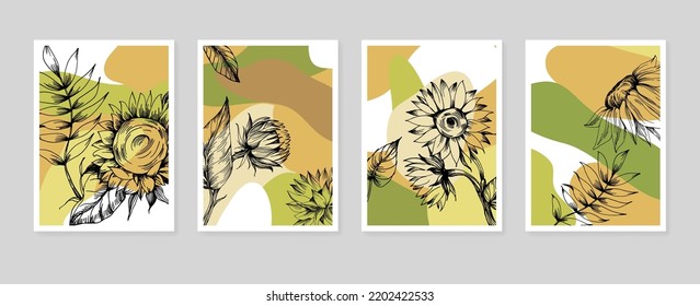 Set of Abstract Sunflower Hand Painted Illustrations for Wall Decoration, minimalist flower in sketch style. Postcard, Social Media Banner, Brochure Cover Design Background. Modern Abstract Painting.