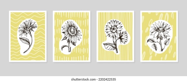 Set of Abstract Sunflower Hand Painted Illustrations for Wall Decoration, minimalist flower in sketch style. Postcard, Social Media Banner, Brochure Cover Design Background. Modern Abstract Painting.