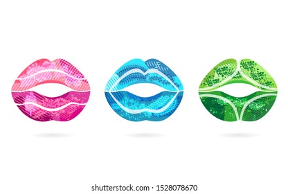 Conjunto de elementos abstractos de los labios gráficos modernos,icono. Besos dinámicos de colores, labios de chicas sexys. Logo del Día de San Valentín. Plantilla para el diseño de un volante, presentación. Símbolo vectorial de levas, labios y besos