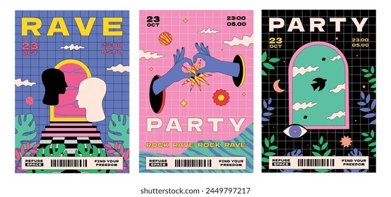 A set of abstract surreal posters for a rave party. Artworks template with a grid, silhouettes of a human profile, hands, arches, birds.