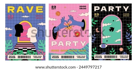 A set of abstract surreal posters for a rave party. Artworks template with a grid, silhouettes of a human profile, hands, arches, birds.