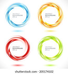 Set of abstract swirl circle bright background. Vector illustration for you modern design. Round frame or banner with place for text. Blue, yellow, orange, red and green colors.