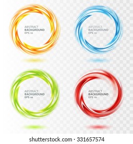 Set Of Abstract Swirl Circle On Transparent Background. Vector Illustration For You Modern Design. Round Frame With Place. Blue, Yellow, Orange, Red, Green Colors. Special Effect. Translucent Elements