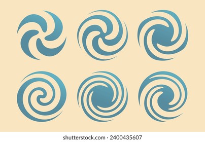 Set of abstract swirl symbol shapes. Vector logo ideas with blue waves and round vortex. Geometric spiral icons and emblems.