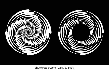 Set of abstract swirl symbol shapes. Vector logo ideas with blue waves and round vortex. Geometric spiral icons and emblems.