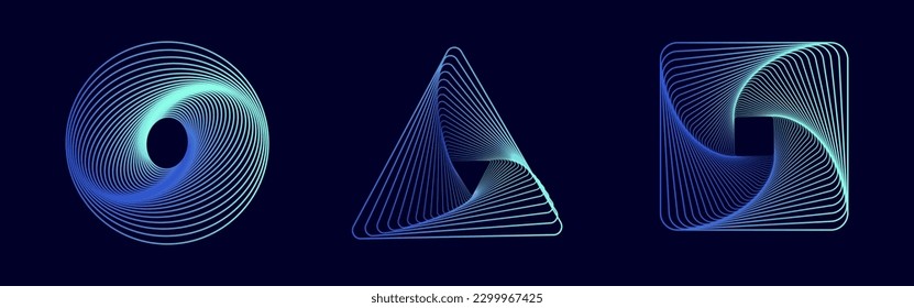 Set of abstract swirling symbols. Technology glowing colored sphere, triangle and square. Twisted wireframe tunnel. Curved blue shape.