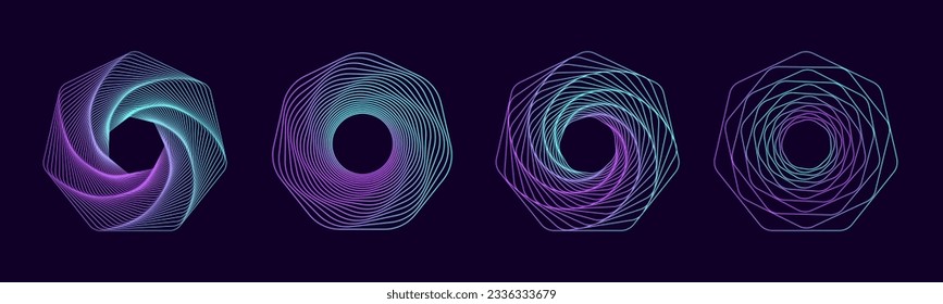 Set of abstract swirling symbols. Technology glowing colored hexagons. Twisted wireframe tunnel. Curved blue shape.